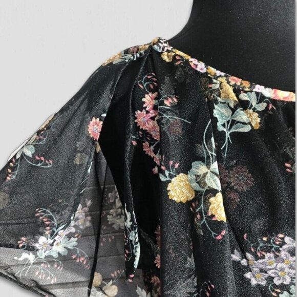 Vintage 80s Floral Full Swing Dress Black Boho Medium - Picture 4 of 10